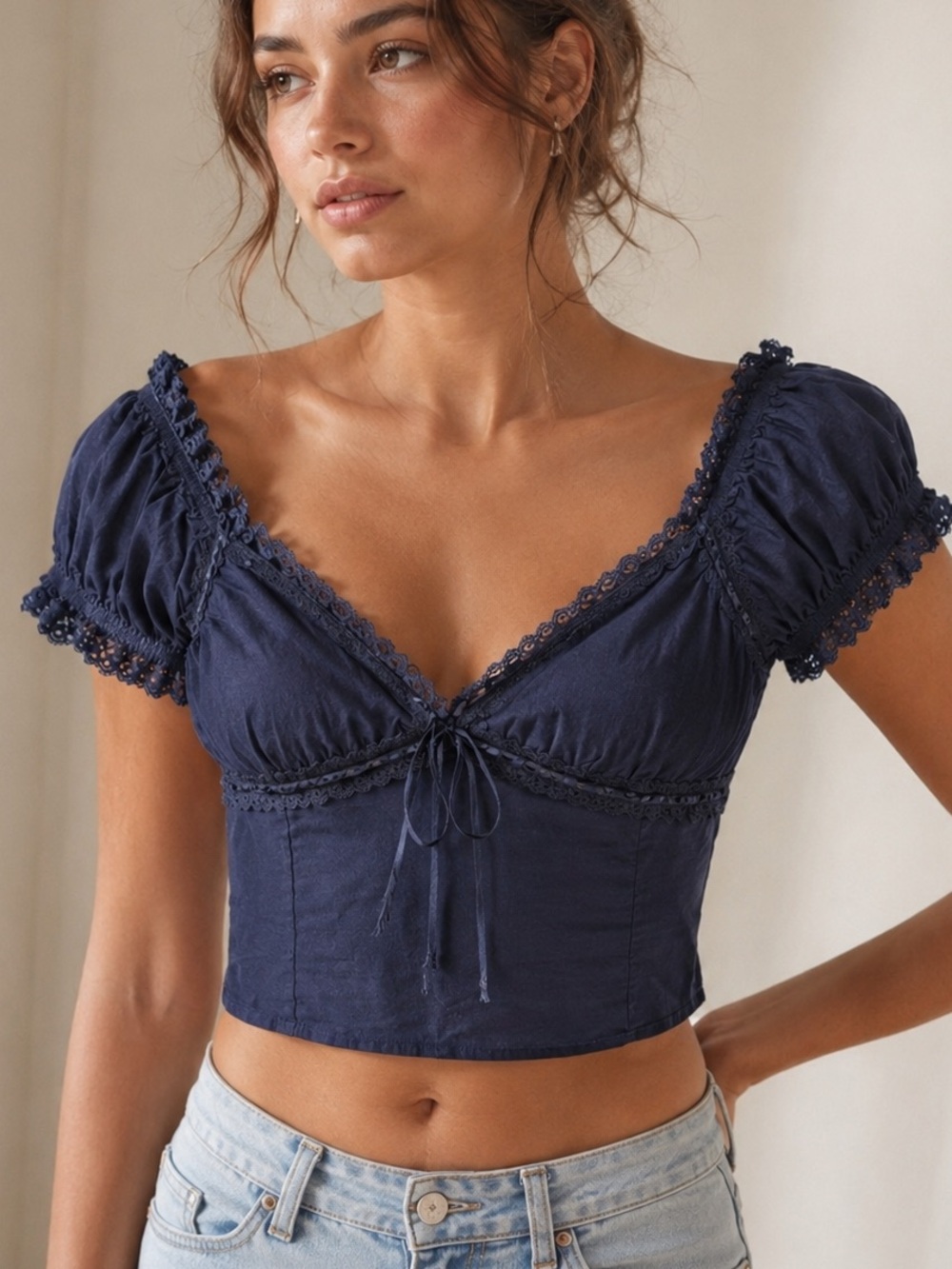 PacSun LA Hearts Lace Trim Tie Front Top M